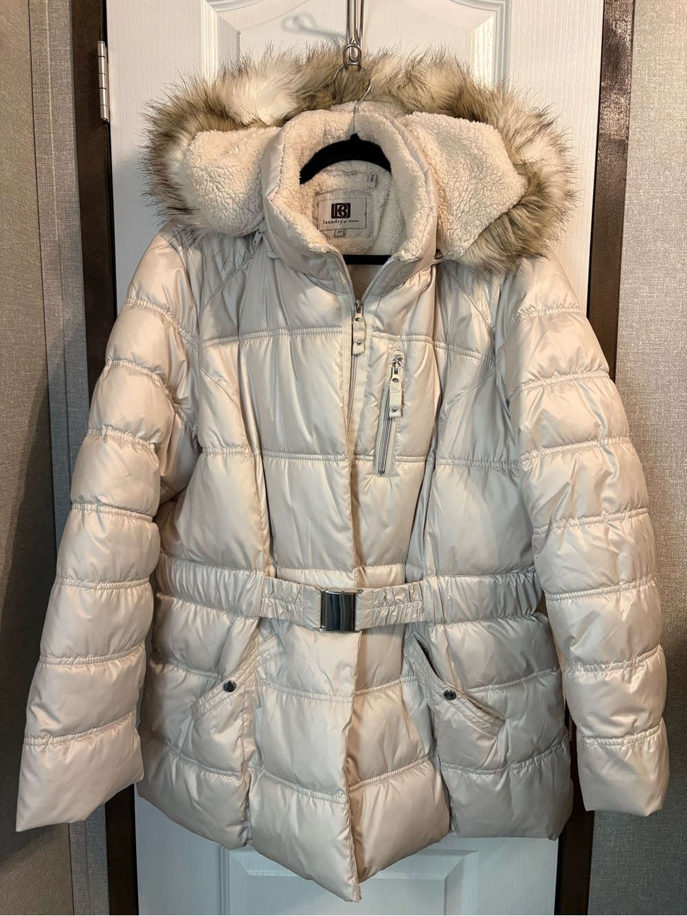 Laundry by Design Cream Puffer Coat with Faux Fur Hood